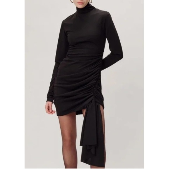 Ronny Kobo Renaldo Black Ruched Asymmetrical Drape Mock Neck Mini Dress L - Picture 2 of 9